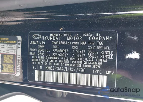 2020 Hyundai Tucson Se z USA, uszkodzony, nr VIN KM8J23A47LU077796